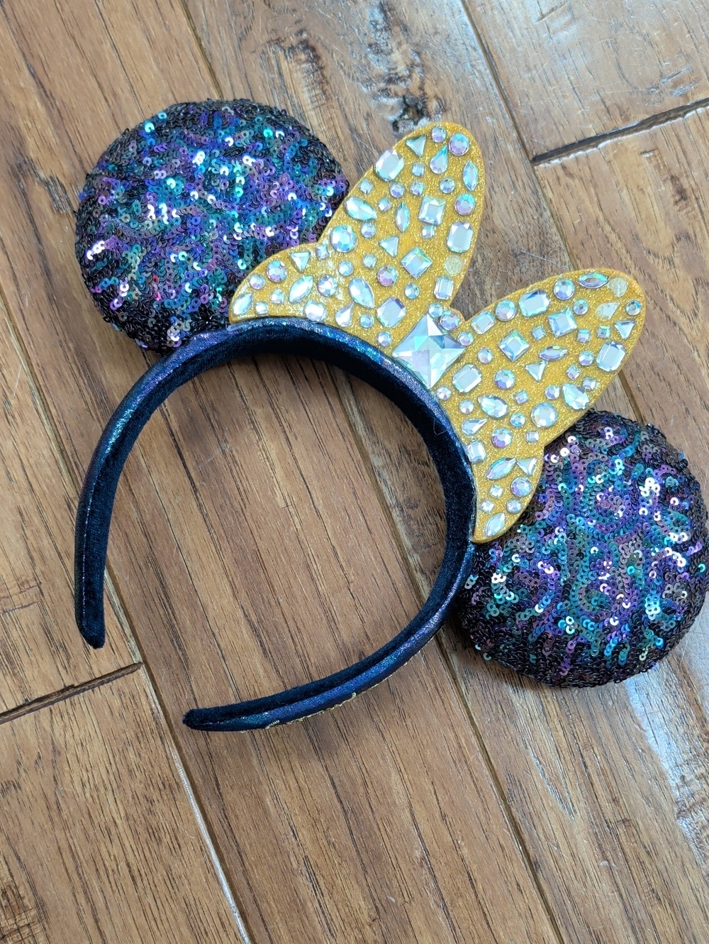 Disney 50th Anniversary Sequin Mouse Ear Headband with Gold Jeweled Bow